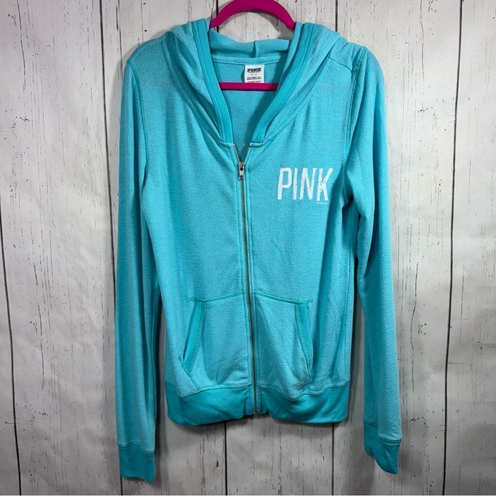 Pink Victorias Secret Womens Hoodie Full Zip Up Pockets Logo Lightweight Blue